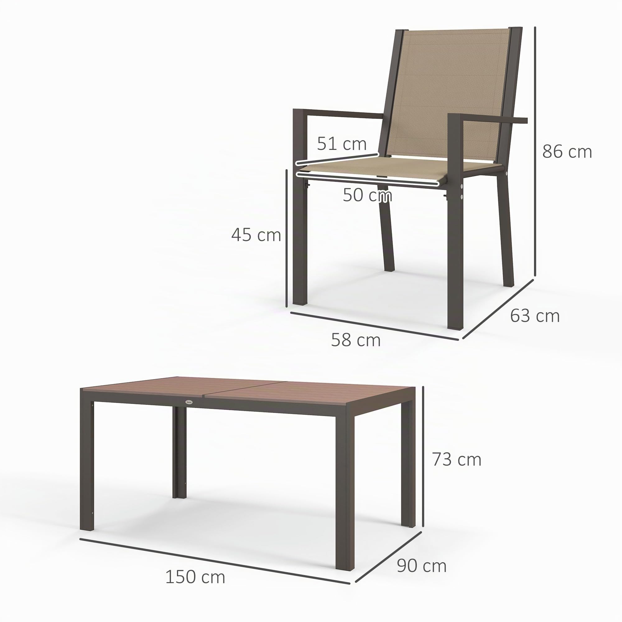Outsunny Set da Giardino 7 Pezzi in Acciaio e Plastica, Set Mobili da Esterno con 6 Sedie Impilabili e Tavolo Rettangolare, Kaki e Marrone