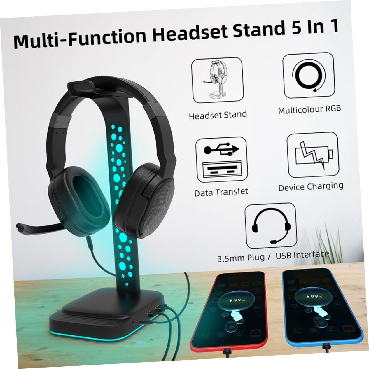 UKCOCO Supporto per Cuffie LED Hub USB Design da Tavolo Interfacce di Input e Output per Uso Multiuso Computer