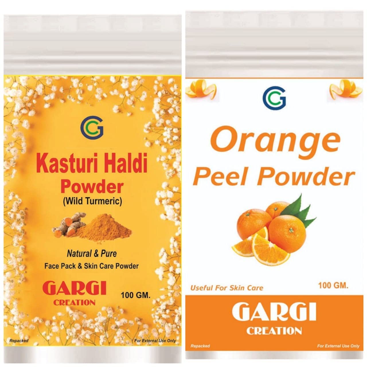 GARGI CREATION COMBO OF KASTURI HALDI POWDER AND ORANGE PEEL POWDER FOR SKIN CARE FACE PACK OF 200 GRAMS.
