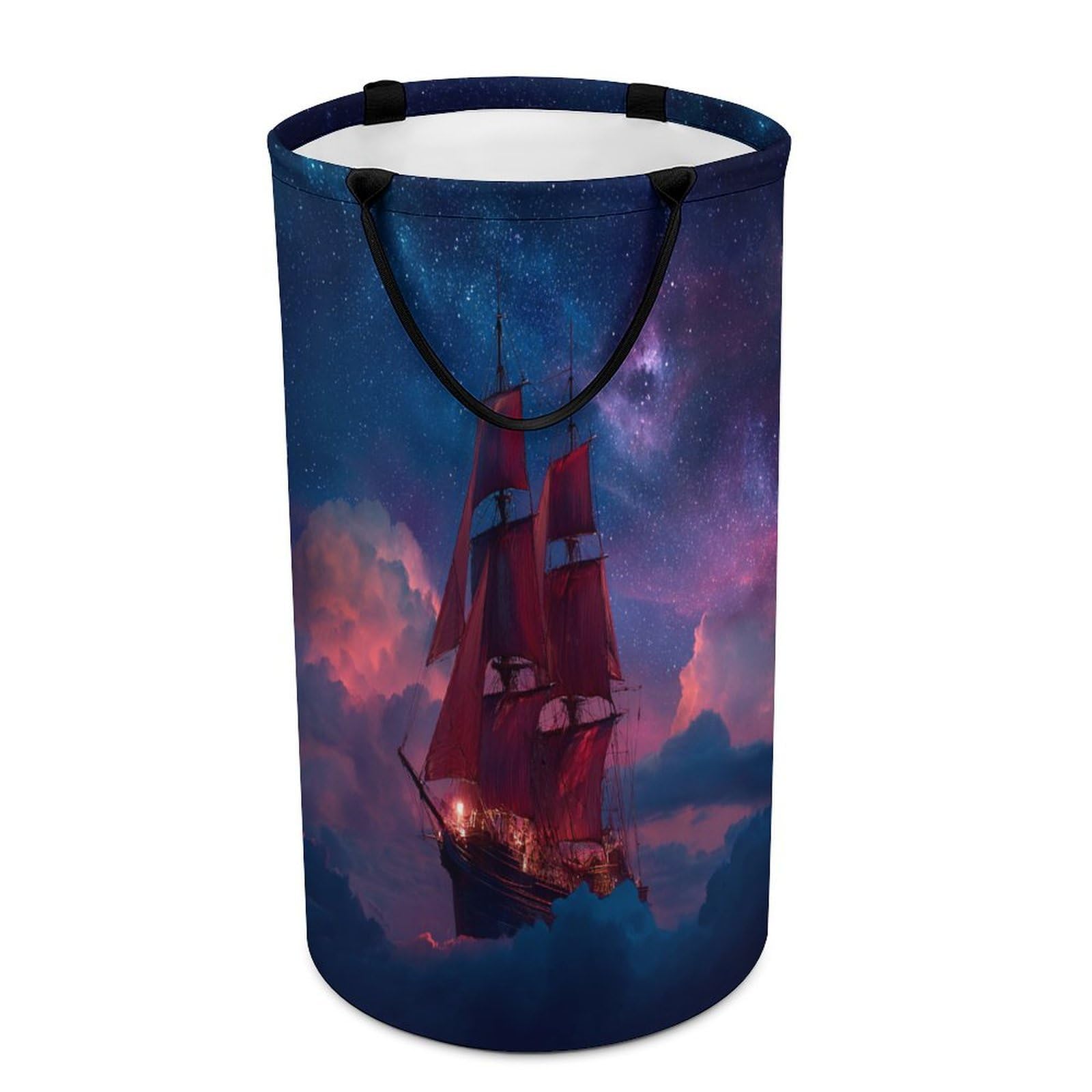 LUYYSKY Funny Fantasy Pirate Ship Versatile Storage Laundry Basket, Modern Rustic Starry Sky Galaxy Cloud Pattern Large Bathroom Laundry Hamper With Handle-40 CM Dia, 69 CM High