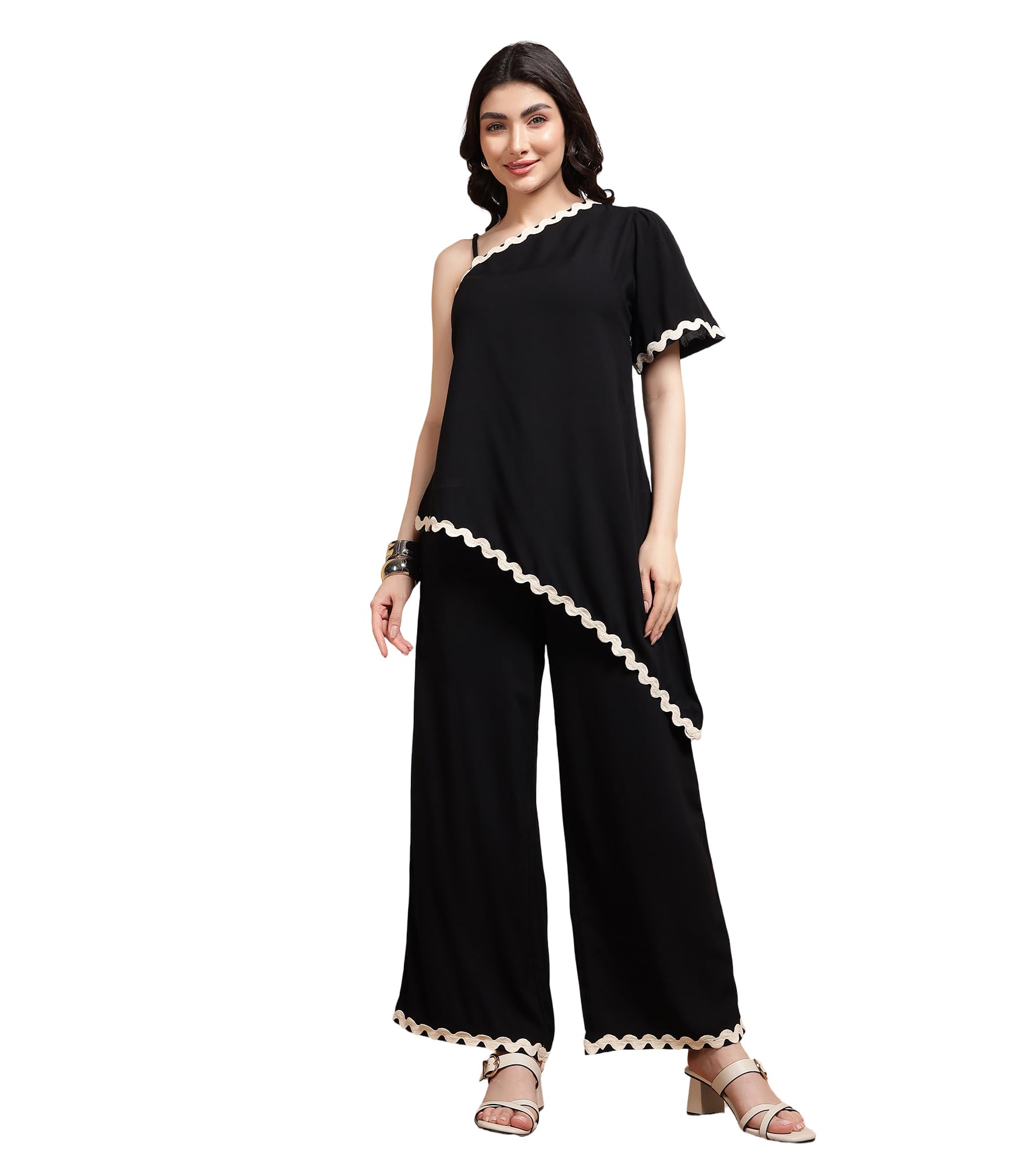 Solid Viscose Rayon Tunic & Pants Co-ord Set for Women's|Short Sleeve One Shoulder Regular Fit Stylish Summer Western Casual Wear Ladies Cord Set-image-15