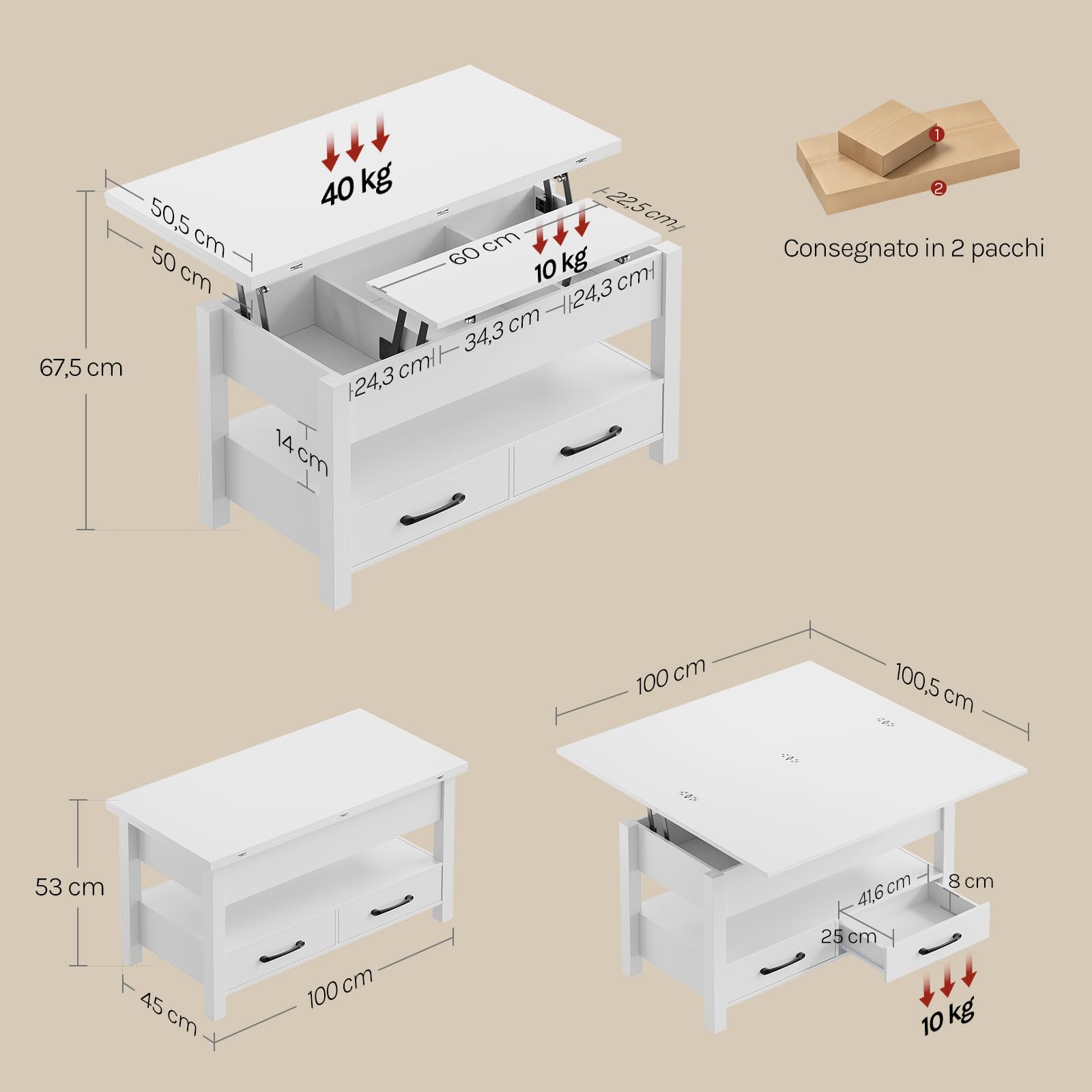 WOLTU Tavolino da Caffè Sollevabile con Spazio Nascosto, Scomparto Aperto e 2 Cassetti, Tavolo Salotto Estensibile Multifunzione per Soggiorno e Studio, Bianco