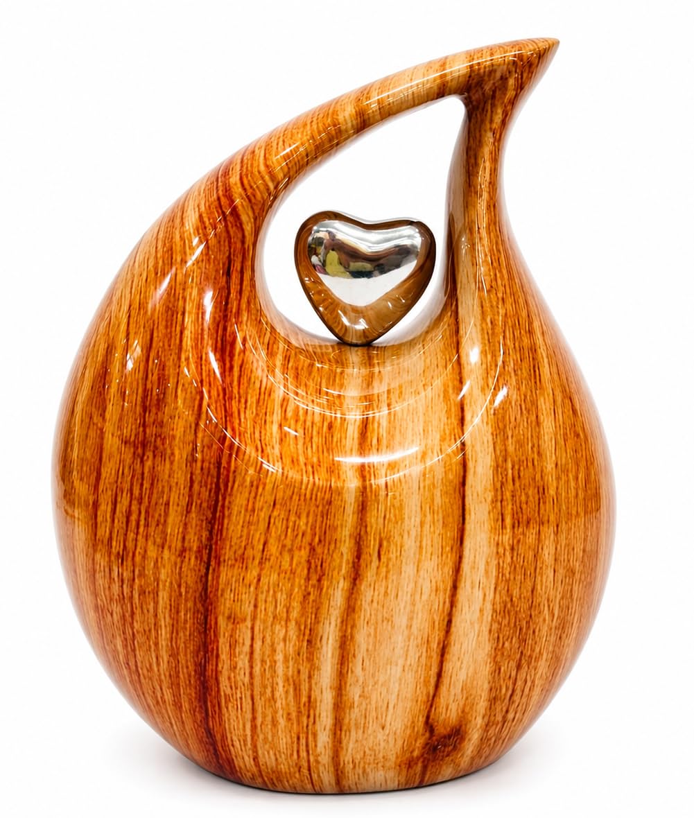 Heart of Love Cremation Urn for Human Ashes, Beautiful Teardrop Wooden Style Aluminum Cremation Urn for Adult Ashes with Silver Heart (Natural(8X4.5X10"))