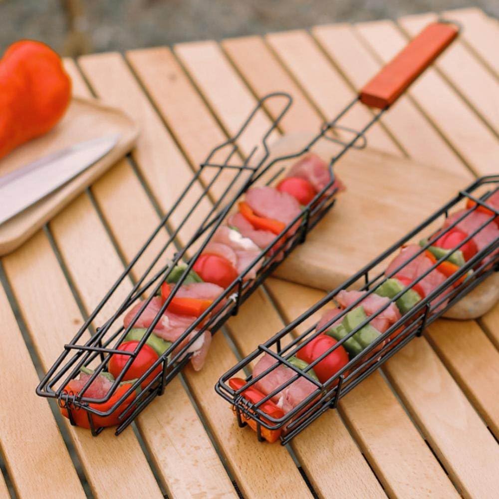 Cestello per grigliate Kabob Cestello per grigliate in acciaio resistente Cestello per grigliate portatile in acciaio inossidabile per grigliate di verdure per grigliare,marrone,49 * 5 * 4cm
