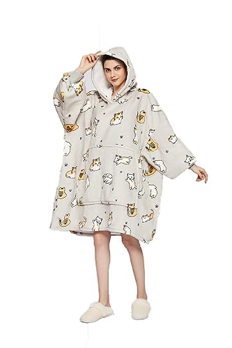 iyoimono Hoodie Decke für Damen Flanell Fleece Pullover Sweatshirt Decke Flauschige Sherpa TV-Decke mit Ärmeln Fruchtdruck Tierdruck Muster Übergroße Kapuzen Pullover Kuscheldecke Einheitsgröße - Graue Katze