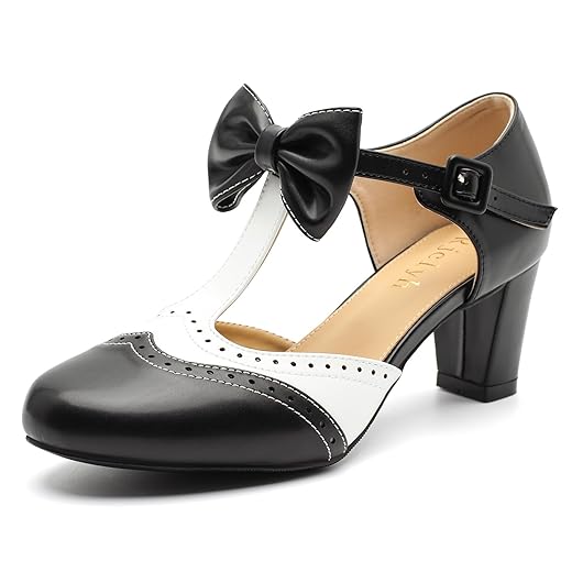 Women's Mary Jane T-Strap Heels with Bow Vintage Round Toe Chunky Mid Heels Cutout Dress Shoes for Lolita Cosplay School Party