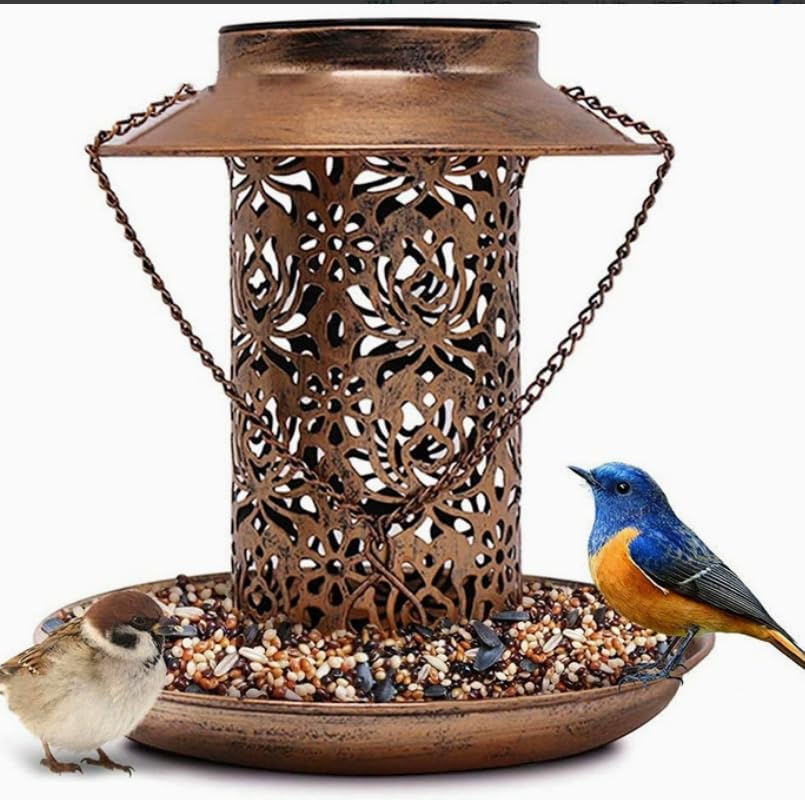 Solar Bird Feeder for Outdoors Hummingbird Solar Lanterns Metal Waterproof Outside Wild Bird Feeders for Women Mom Metal Solar Decoration Outside for Yard, Patio (Bronze-colored feeder)