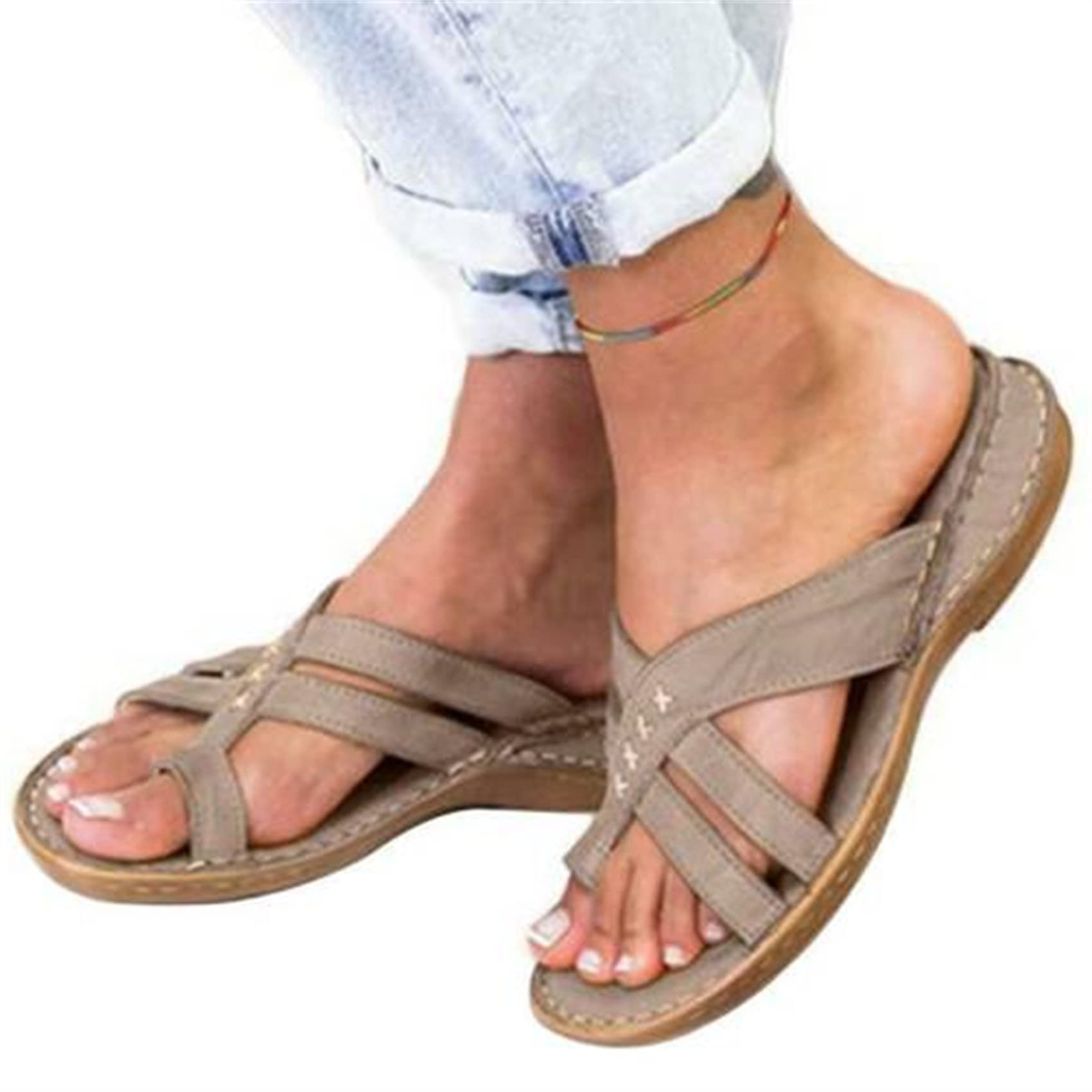 Bbpm Women's Brass Sandals For Leather Orthotics Sandals Posture Correction Open Toe Slippers Casual Beach Casual Toe Separate Flat Shoes With Arch Support,,Eu38/Us7