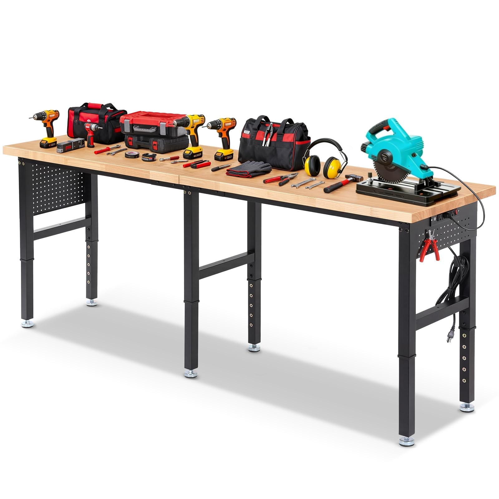 Workbench with weights on top, illustrating 5000 lbs load capacity