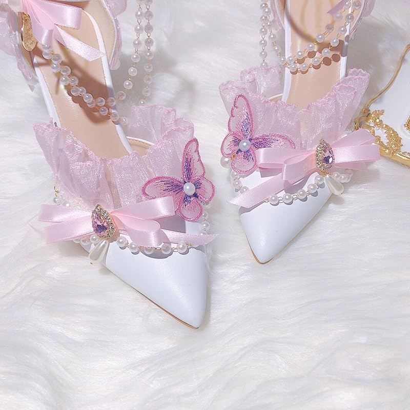 Lolita Pink lace Bow Rhinestone Bridal Wedding Shoes Sweet Pearl Tassel Wrist Strap Pointed high Heel Women's Shoes3