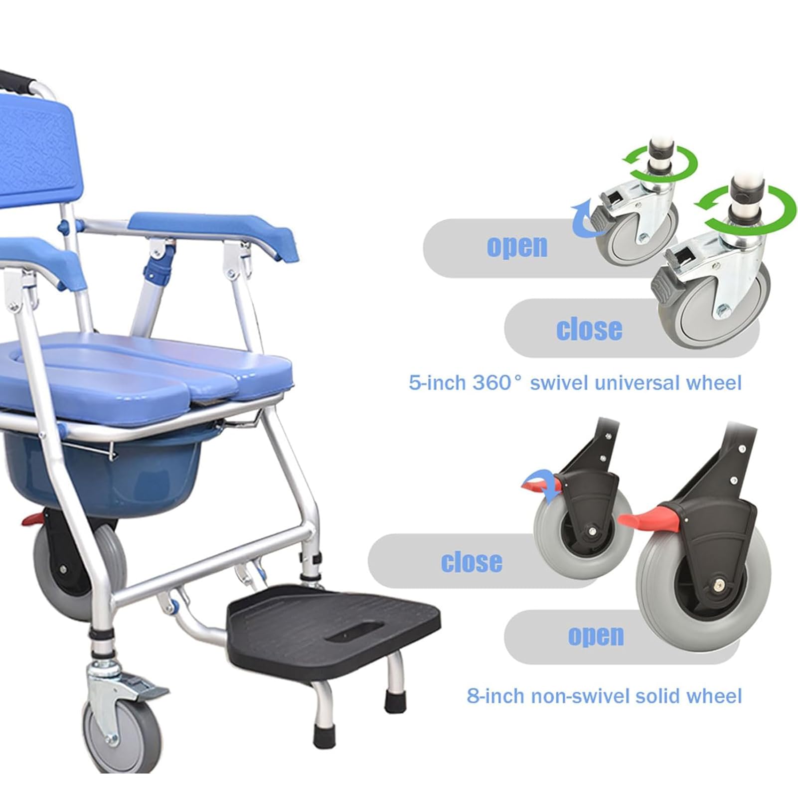 Silla de ducha para ancianos con ruedas, silla plegable con reposabrazos y reposapiés, diseño portátil, capacidad de peso de 120 kg, ideal para baño y mesita de noche