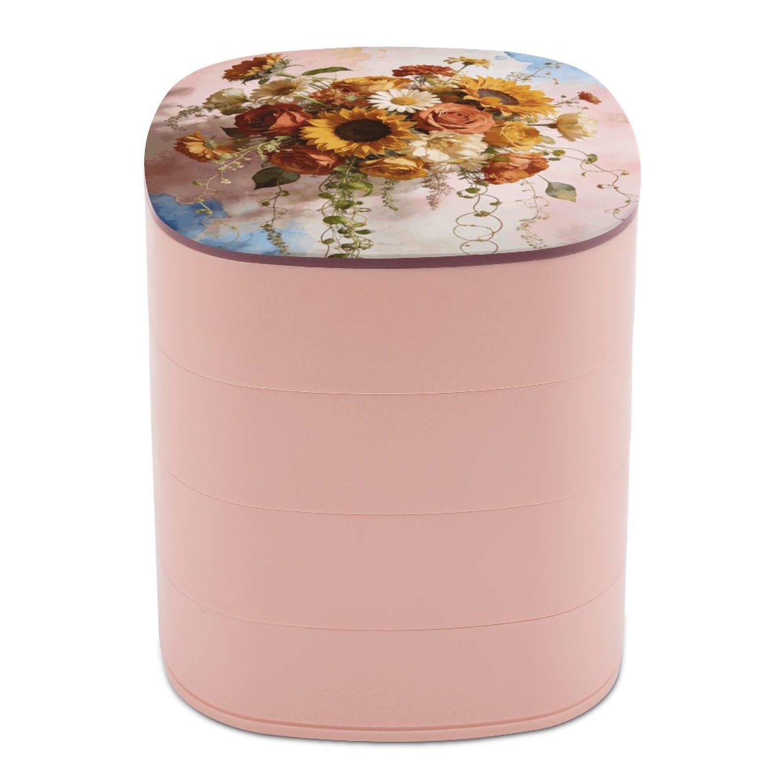 LZQPOEAS Boho Floral Jewelry Box Women Jewelry Organizer Travel Jewelry Case Cute Necklace Ring Storage Organizer 4-Layer Rotating Jewelry Tray Case with Mirror for Bracelets