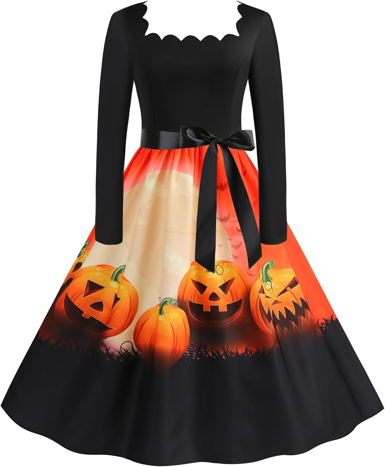 Halloween Pumpkin Head Loose Pleated Dress Square Neck Long Sleeve Sexy Print Large Swing Dresses for Women Plus Size