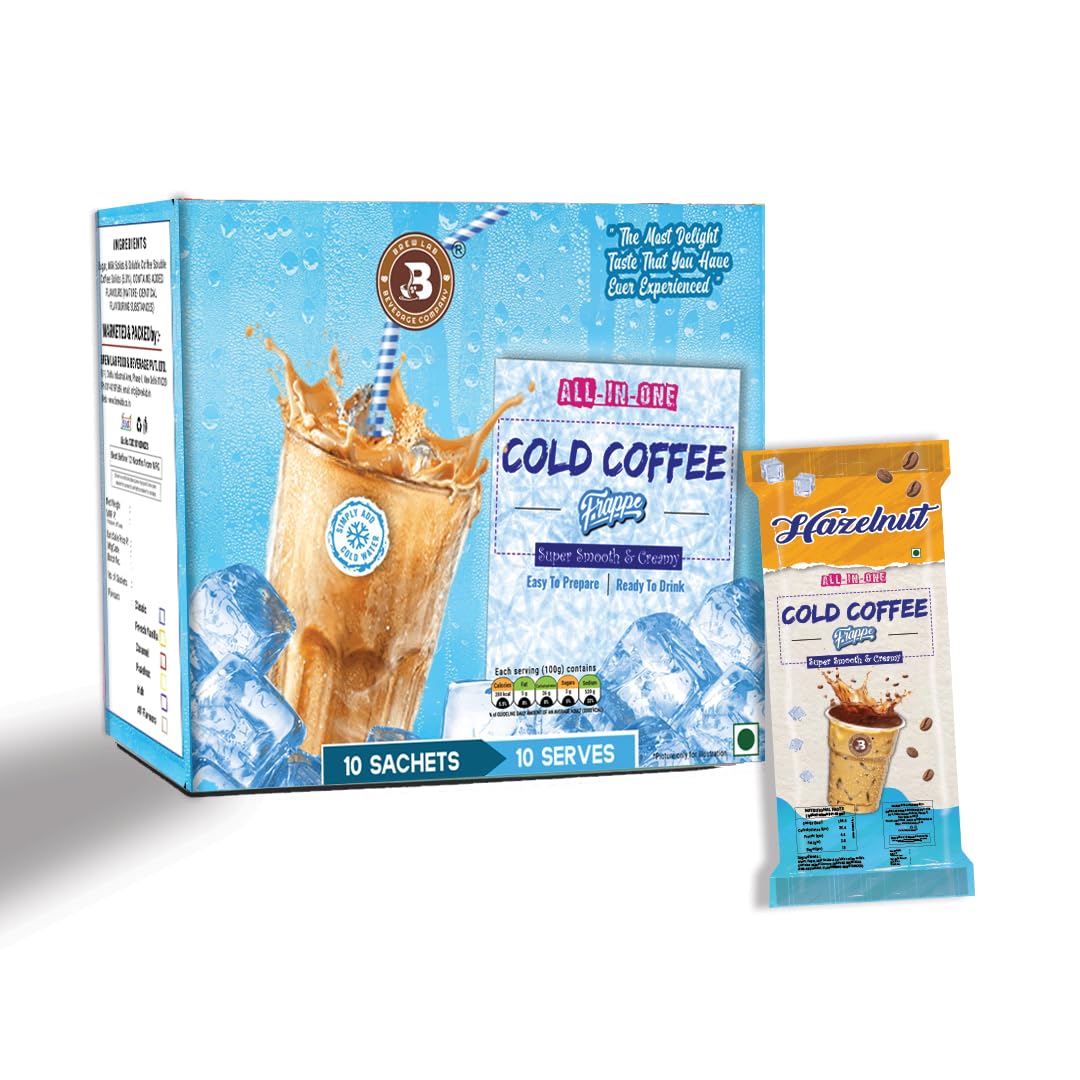 Brew Lab All-In-One Cold Coffee Frappe Powder Sachet | Five Different Assorted Flavor | 10 Sachets Box | 100% Arabica Coffee | Super Smooth And Creamy Coffee (Hazelnut)