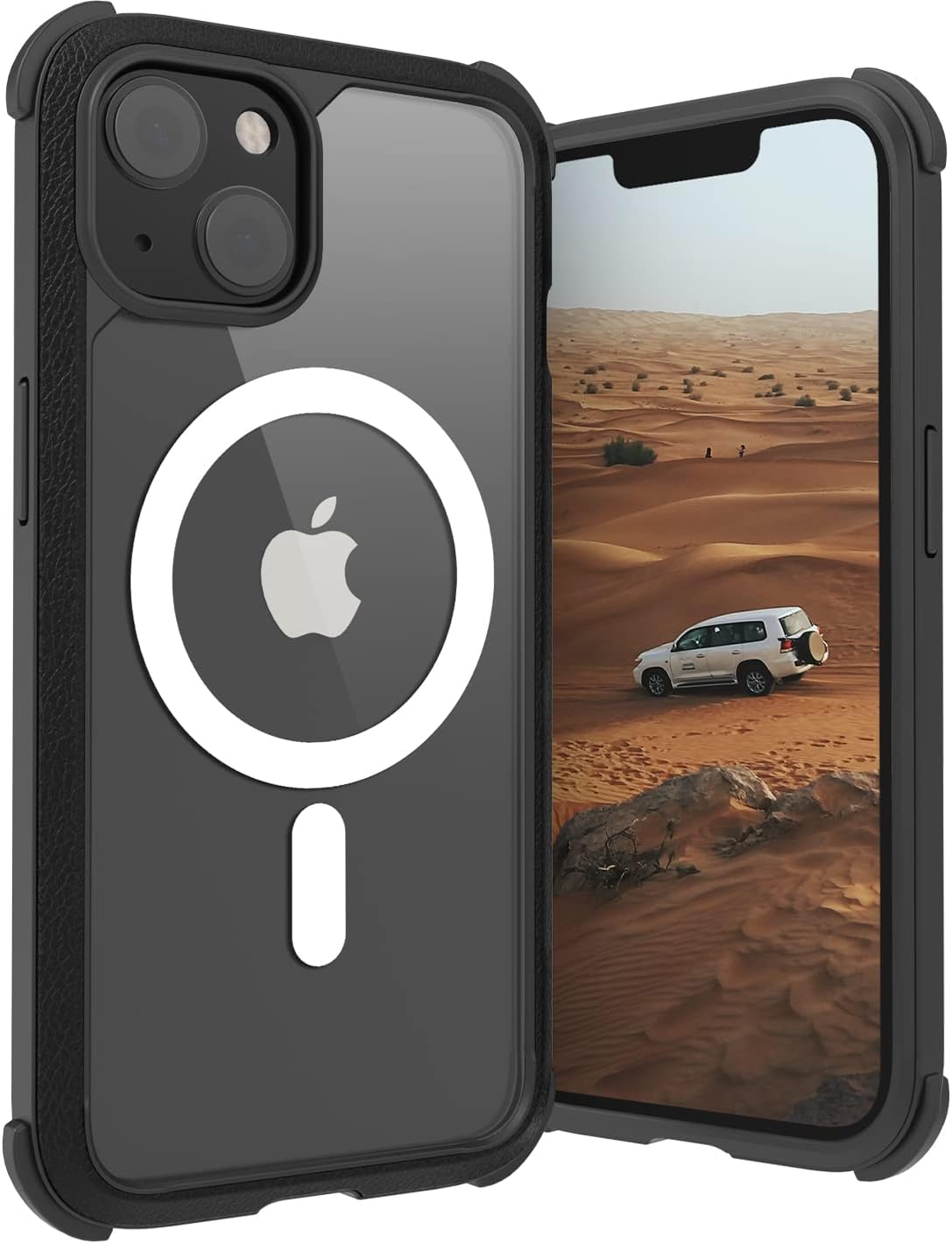 MAGEASY Rugged iPhone 14/13 Protective Case 6.1" - 16ft Drop Tested, Compatible with MagSafe - Odyssey M (2 Lens, Leather Black)