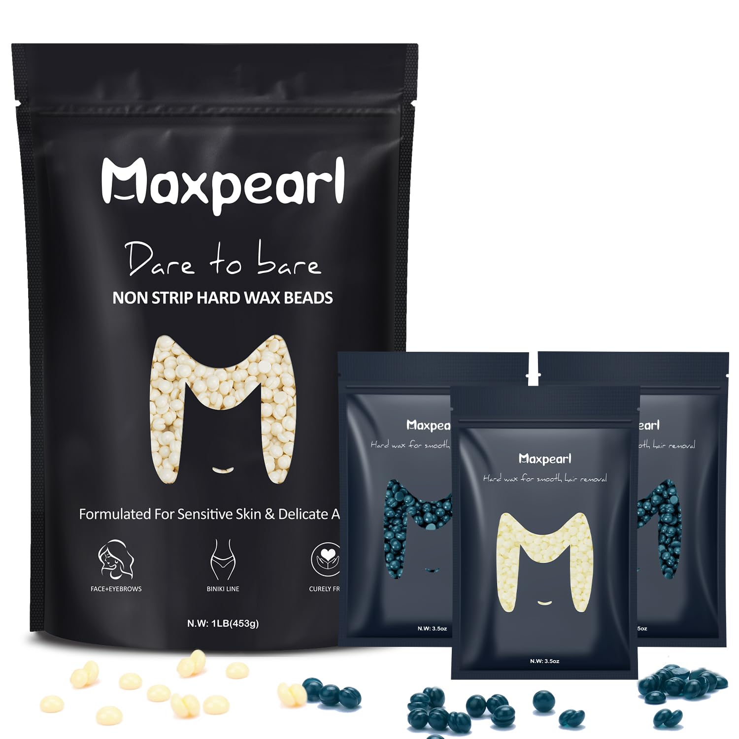 MaxpearlHard Wax Beads for Hair Removal 1LB + 10.5OZ - Brazilian, Bikini Waxing, Face, Eyebrows, Underarms, Arms, Chest, Back, Legs, Jasmine & Coconut Formula