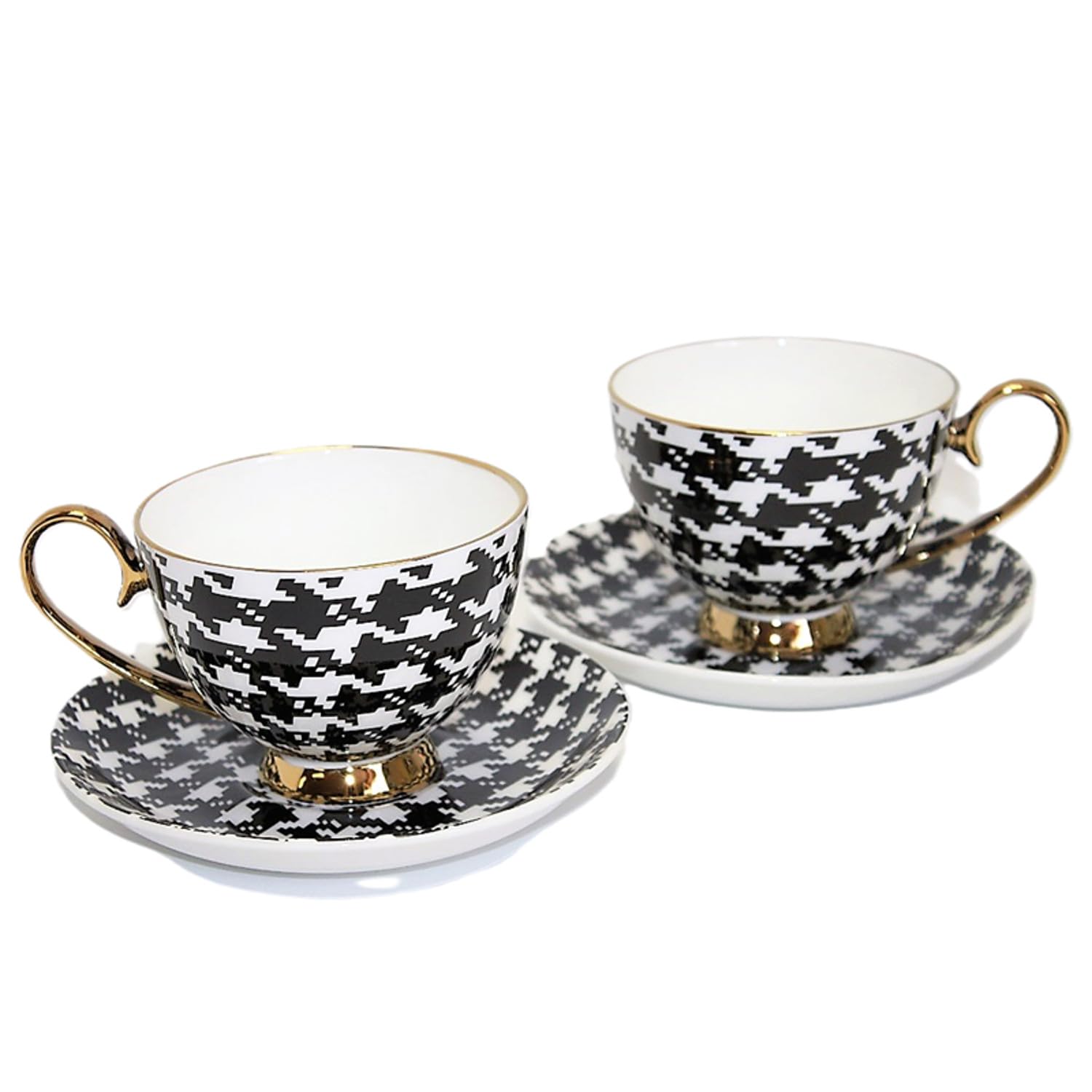 Set di 2 Tazzine da Caffè in Porcellana con Piattino, Motivo Pied de Poule Bianco e Nero, Dettagli Dorati, Elegante Confezione Regalo