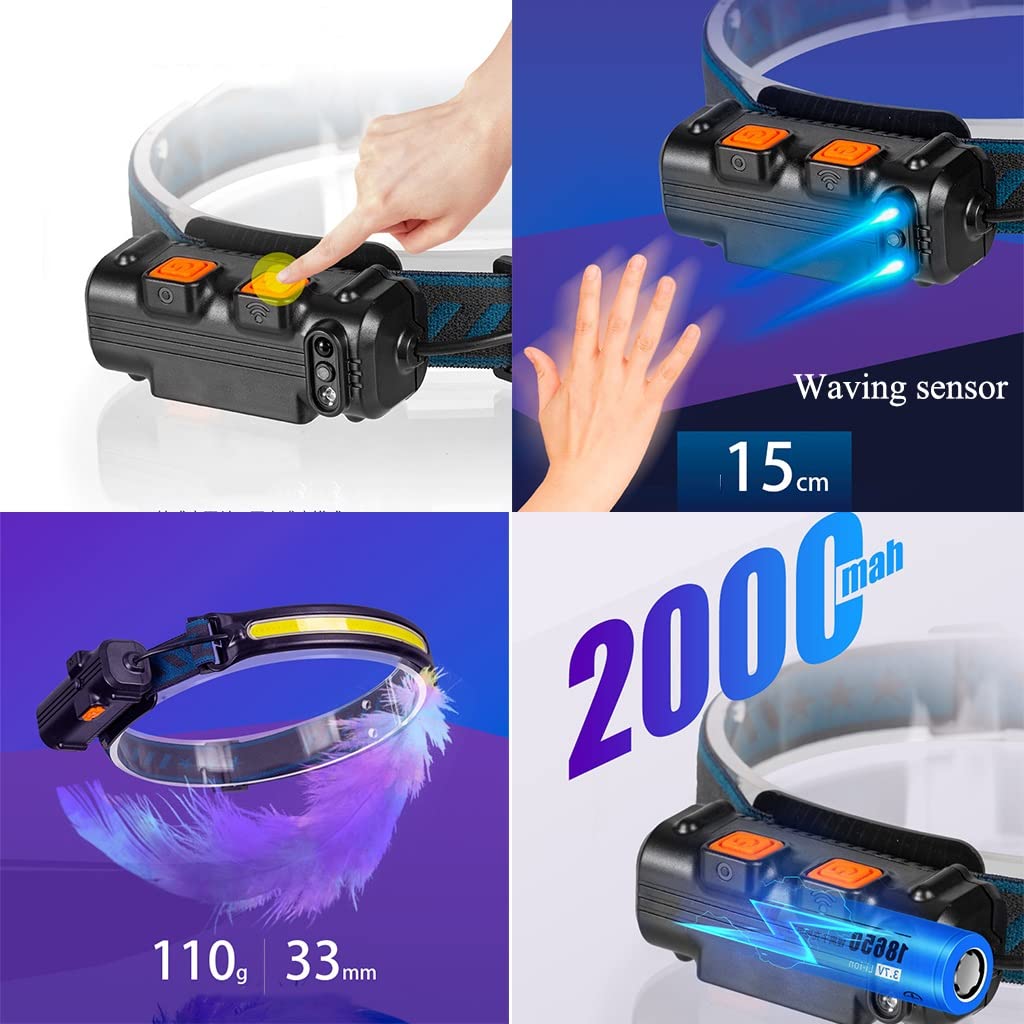Latarka na głowę, Akumulator USB Czujnik ruchu Super jasny Latarka czołowa Nastawny Obrót Zoom Lampa robocza Przenośny 2-pak Latarka czołowa LED do biwakowania, wędrówek, wędkowania, pracy, biegania