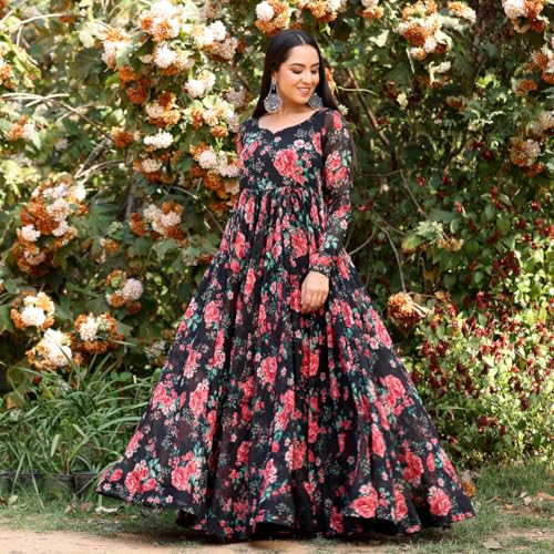 Toochki Gown For Women Wedding | One Piece Dress For Womens Long | Maxi Dresses | Ethnic Black Gowns | Anarakali Suit | Floral Printed