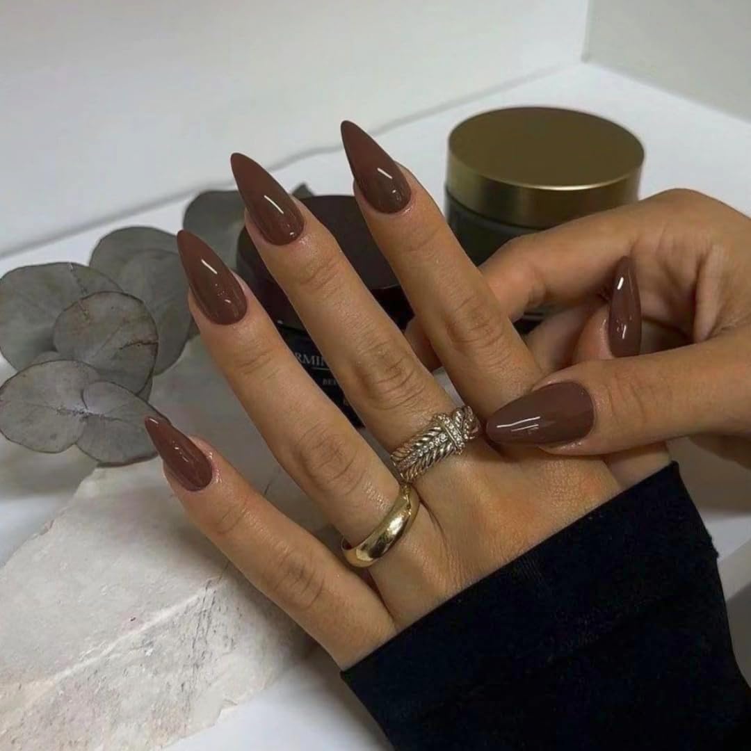 SXVME Brown False Nails Medium, Acrylic Press on Nails Almond