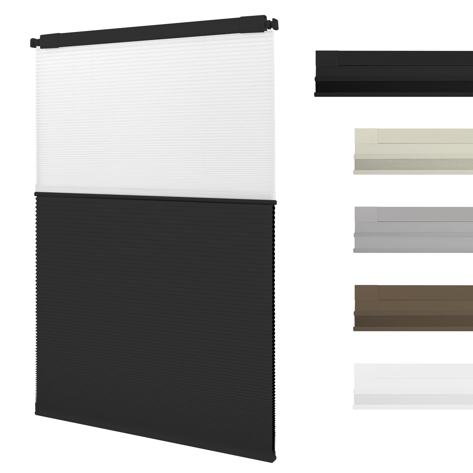 2-in-1 No Drill Day and Night Cellular Shades Cordless,Double Honeycomb Blinds,Blackout and Light Filtering Pleated Accordion Shades for Indoor Windows(Black,142cm W x 120cm H)