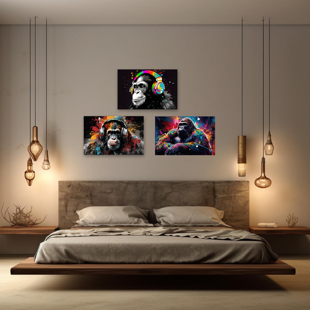 CXHOSTENT Cool Monkey Wall Art 3 Piece Graffiti Chimp Gorilla Canvas Prints Monkey With Headphones Wall Decor Abstract Animal Picture Boys Room Decor (Animal-4, 11.00"x14.00"x3P)
