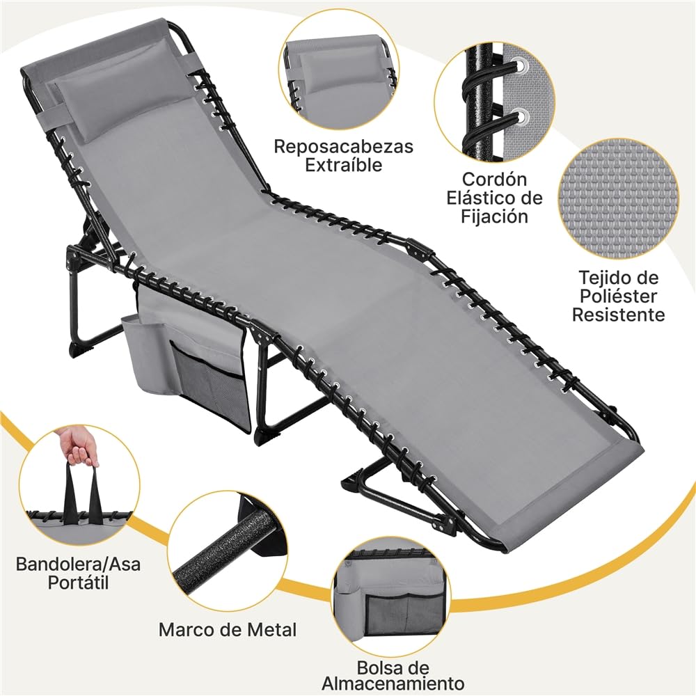 Yaheetech Cama de Camping Plegable con Cojín y Bolsillo Lateral Respaldo | Ajustable en 5 Posiciones, Tumbona Plegable hasta 120kg para Interior Exterior y Viajes, 189x57x38 cm, Gris