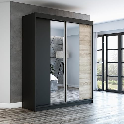 A&J MöbelLand Schwebetürenschrank ELEGANZA Kleiderschrank 2-türig mit Schubladen und Spiegel, Garderobe 180 cm (Schwarz/Sonoma)