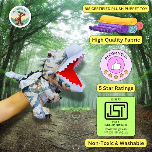 Image of Chi-Chimpu's Open Mouth Ankylosoraus Dinosaur Hand Puppet for Kids | Soft Plush Animal Puppet for Storytelling Fun Play Learning Hands Puppets Toy with Movable Mouth | Interactive Pretend Play, Grey