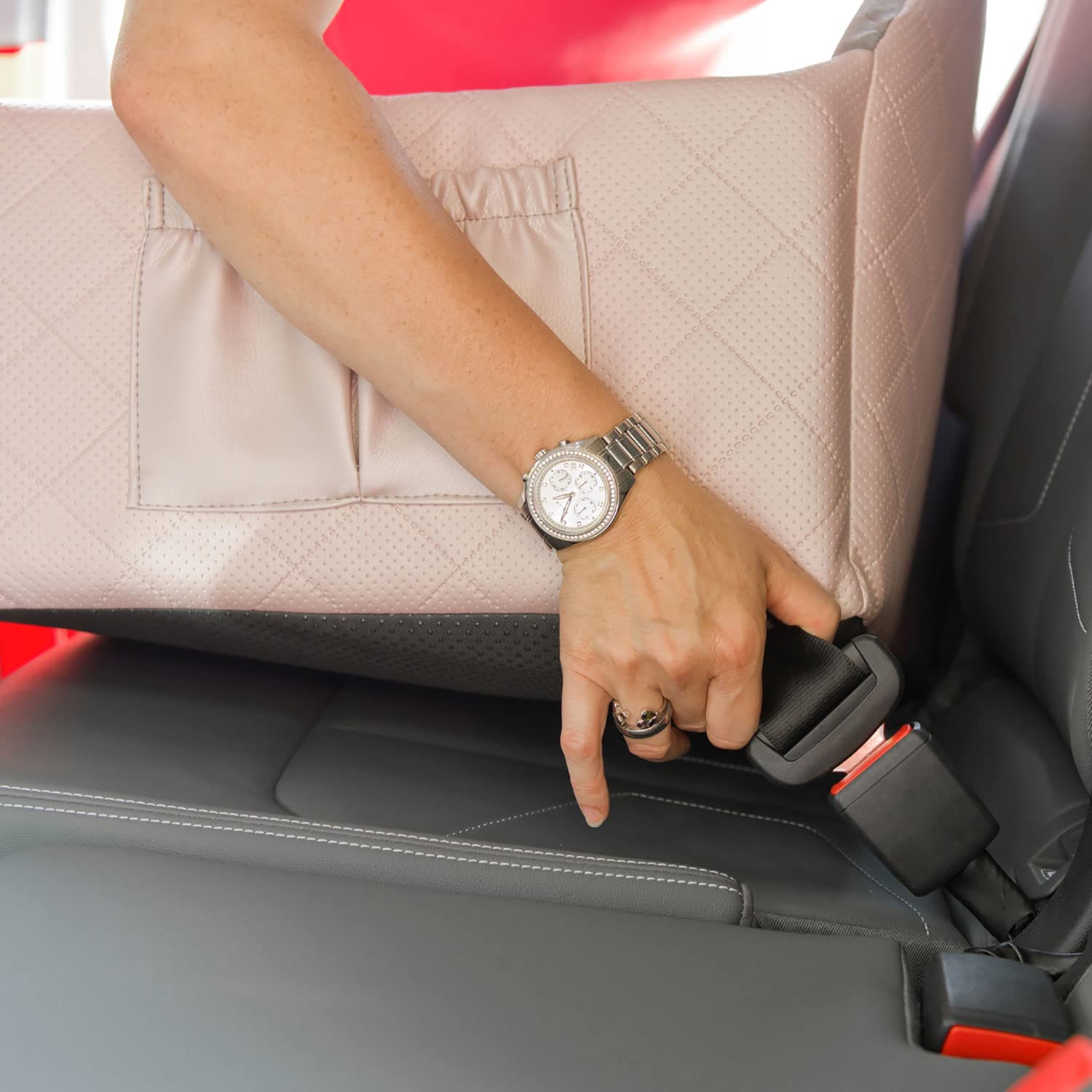 Hunde Auto Sitz, Hundebett 2in1 | Autositz für Hunde, Rückbank, Vordersitz | Universal Waschbar Hundeautositz für Hunde und Katzen | Farbe: Rosa | Kunstleder, Flauschig Plüsch | Große: 48 x 48 cm