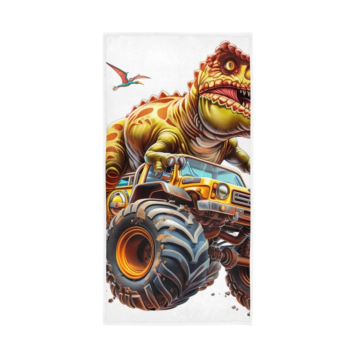 LSRCPD Yellow Dinosaur Driving Truck Hand Towel, Multipurpose Hand Towels Cotton for Bathroom, Gym, Hotel, Spa 15 x 30 Inches