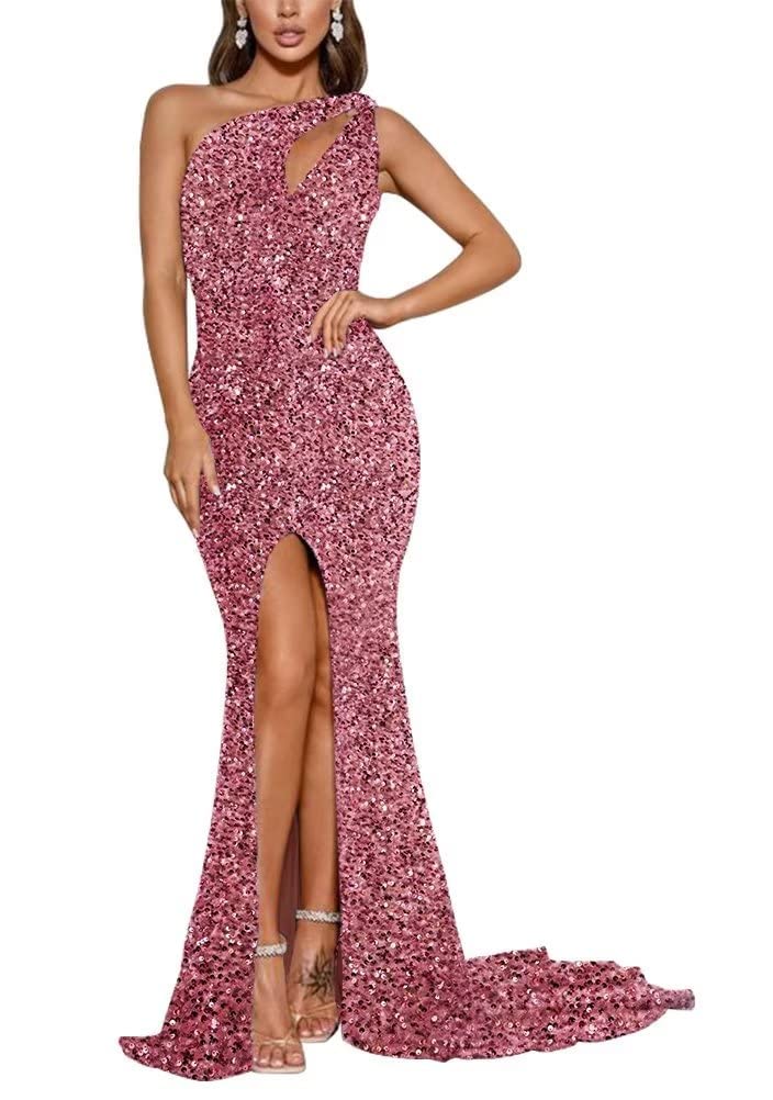 One Shoulder Slit Sequin Prom Dresses for Women Long Backless Mermaid