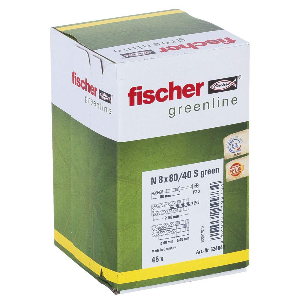 fischer - Cheville à frapper N 8 x 80/​40 avec vis, fabriquée à base de matières premières renouvelables/​Boîte de 45 Vert