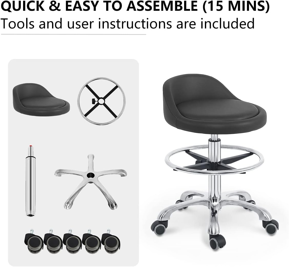 Grace & Grace Rolling Stool with Back Support and Footrest Ring, Adjustable Heavy Duty Stool with Wheels for Shop, Salon, Tattoo and Home (with Footrest, Black)