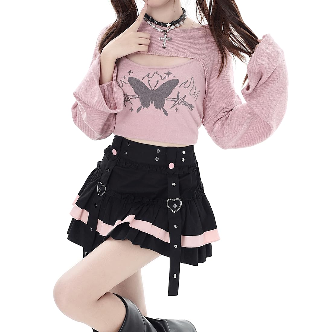 Kawaii Lolita Goth Vintage Casual Elastic Waist Color Blocking Rivet Lace Trim Layered Pleated Skirt for Women