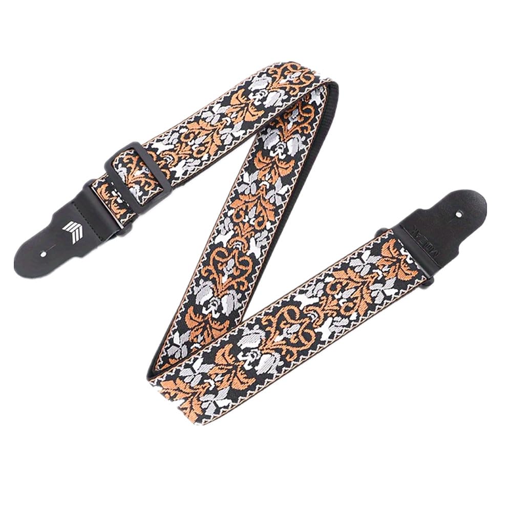MOOZAK Vintage Embroidered Guitar Strap – Adjustable Leather Guitar Strap for Electric Guitar, Bass Guitar, Acoustic Guitar – Ideal Guitar Gift for Musicians