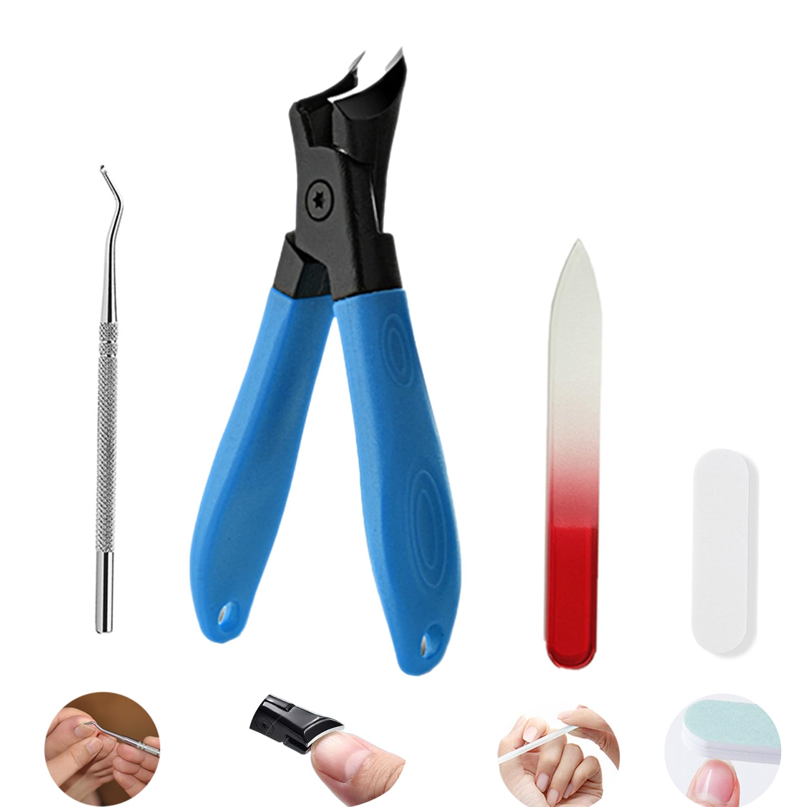 4 pcs Set Thick Hard Bevel Nail Clipper Nano-Glass Nail Files ingrown Nail Lifter Nail Buffer Long Handle