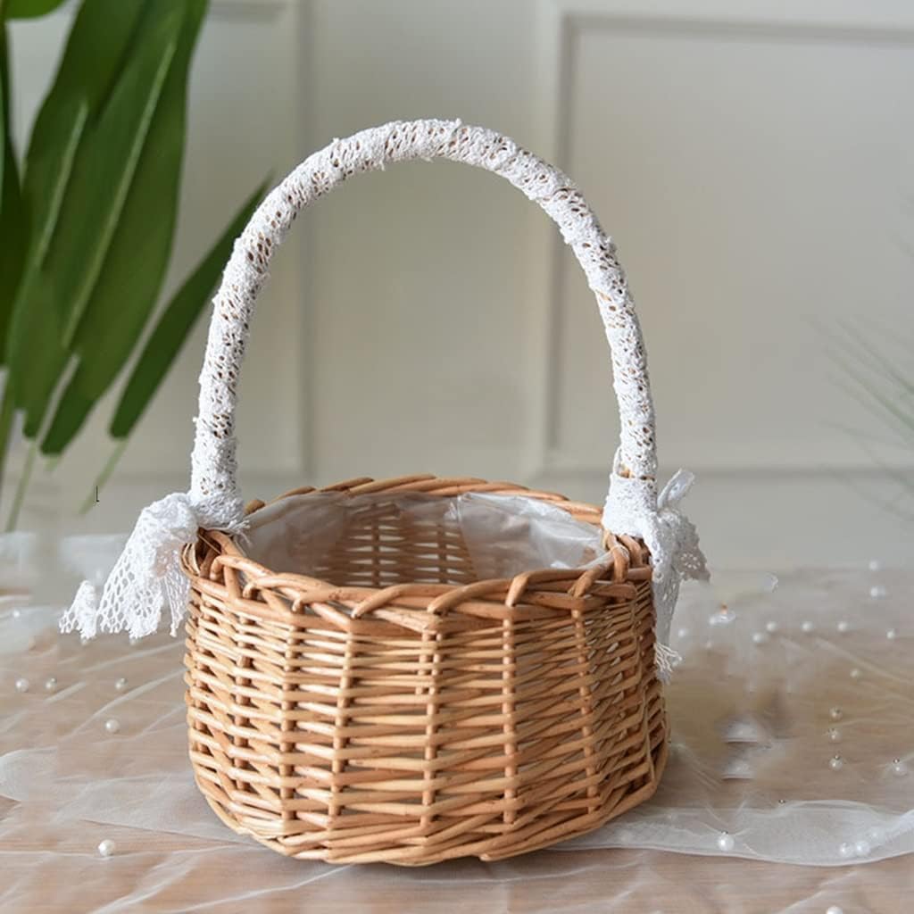 Woven Flower Basket Vine Storage Basket Flower Girl Lace Hand Basket Handmade Flower Basket(15cm)