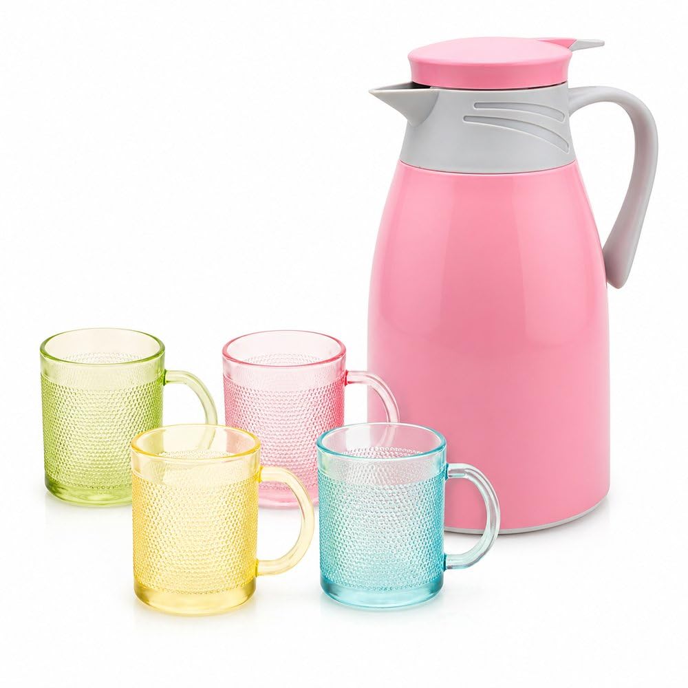 Conjunto Garrafa Térmica 1L com 4 Canecas de Vidro Rosa 190 Ml– Kit Café e Chá Compacto