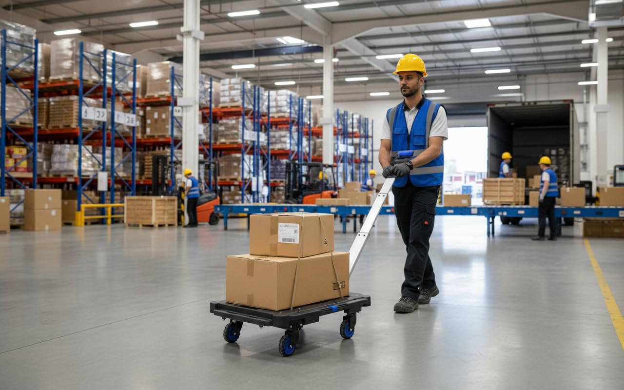 Carrello Piattaforma Multifunzione Portatutto FOLD FLAT con manico telescopico in alluminio Capacità 136 kg in Polipropilene Portatile Pieghevole con Ruote girevoli a 360