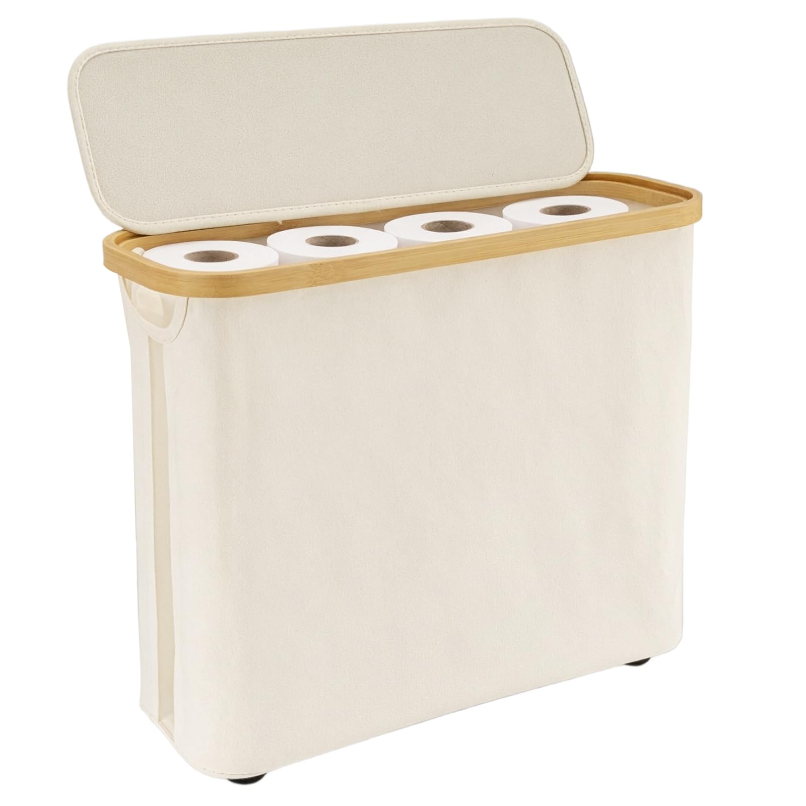 SUNNYNEST 30L Toilet Paper Storage Basket with Lid, Slim Toilet Roll Holder with Bamboo Frame, Foldable Bathroom Storage Bin for 9–12 Rolls, Space-Saving Organizer for Small Bathrooms (White A)