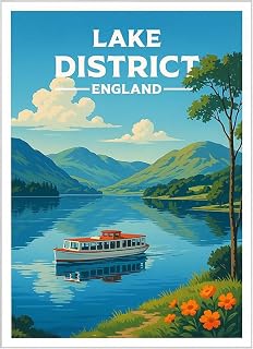 Lake District travel poster print scenic landscape wall art decor for home or office vintage style lake scene with boat and mountains