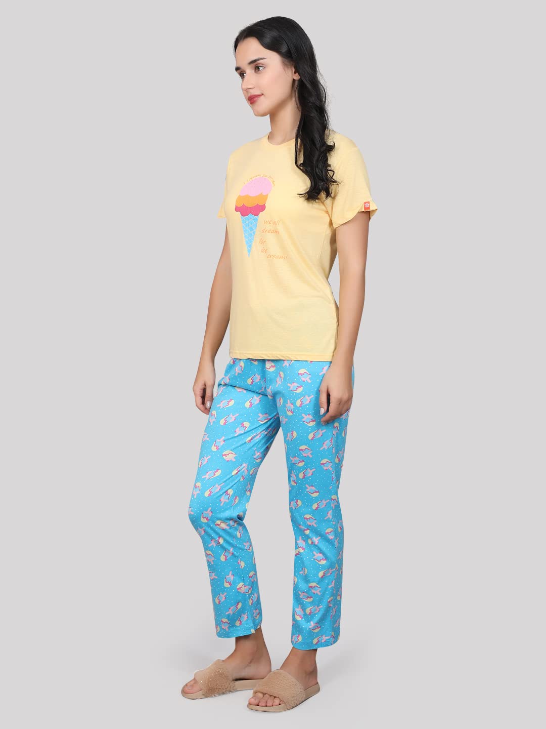 Evolove Conjunto de pijama de algodón con cuello en V y manga corta para mujer, súper suave y cómodo (camisón-redondo-HS-6)