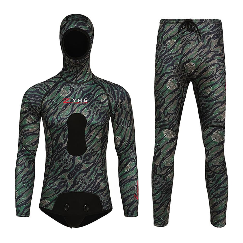 Muta da Pesca Subacquea 1.5mm/3mm in Neoprene con Cappuccio, 2 Pezzi a Cella Chiusa Camouflage con Rinforzo Torace per Apnea e Immersioni in Acque Fredde