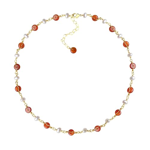 DAUMIER Freshwater Pearl Donut Red Agate Choker January Birthstone Jewelry Necklace for Women