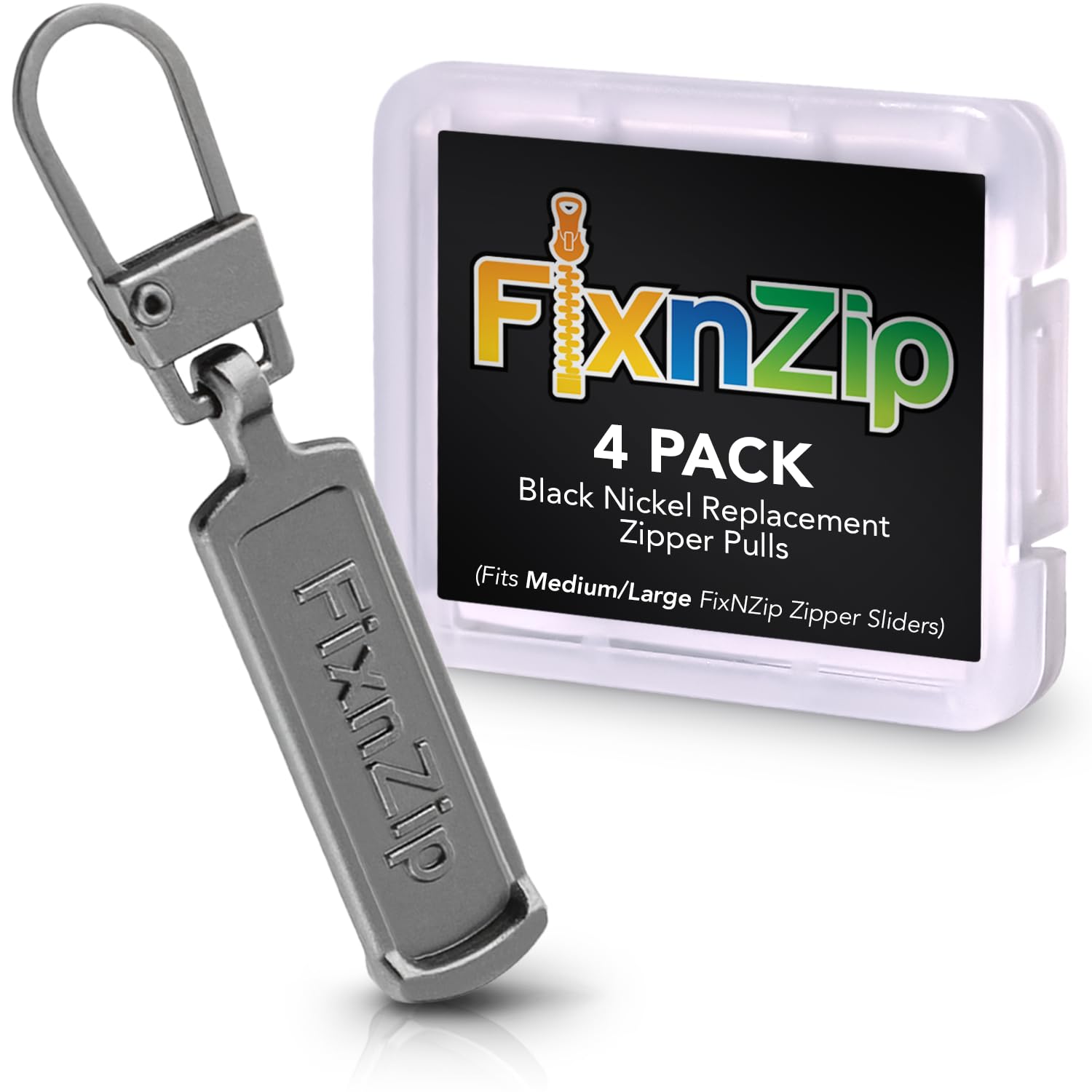 FixNZip Medium to Large Black Nickel Zipper Pull Replacements (4-Pack) | Universal Clip-On Pull Tabs for Zipper Repair, Sliders & Luggage, Jackets,