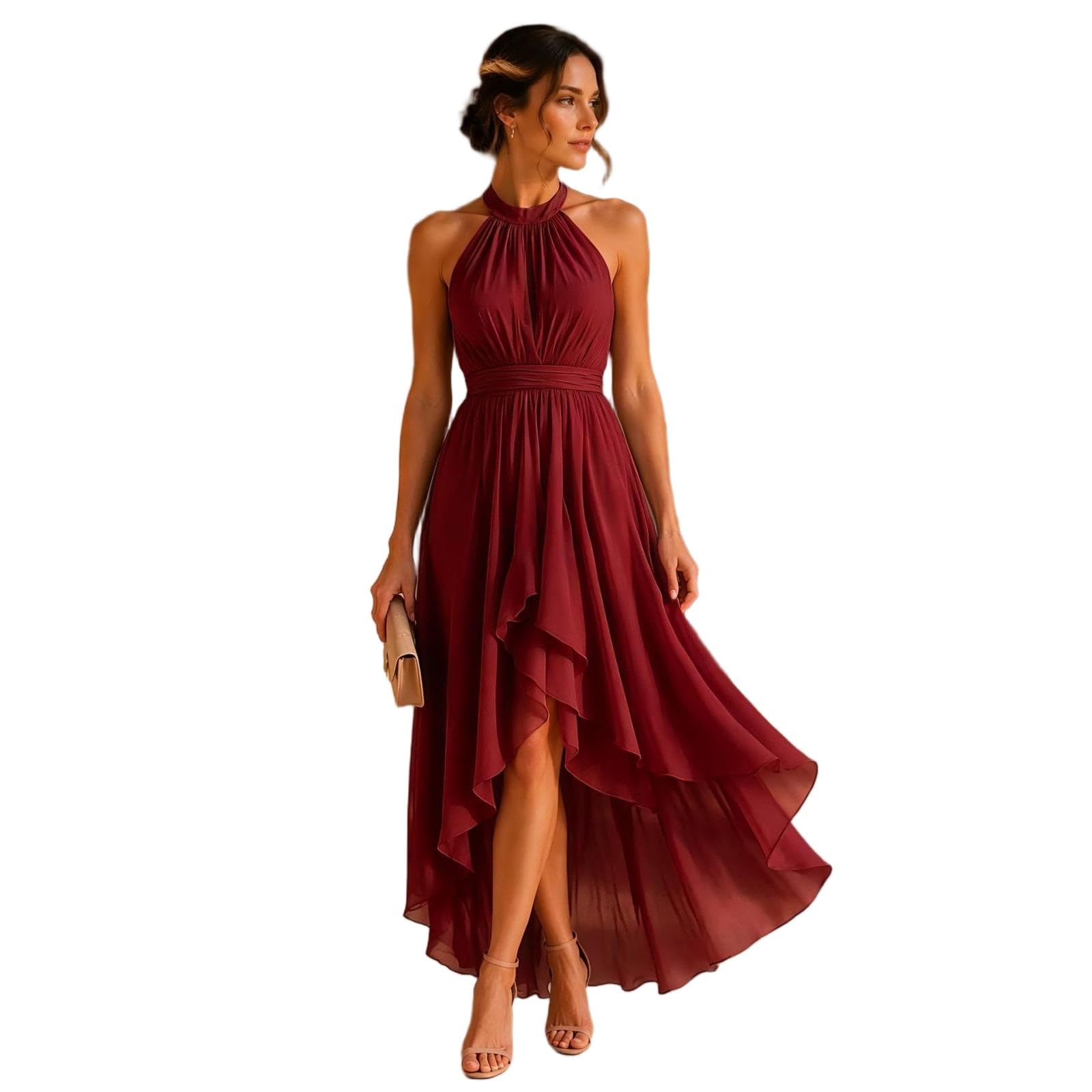 GFZMF - Vestido de gasa con cuello halter para mujer, cintura alta, dobladillo asimétrico, vestido midi para invitada de boda, fiesta de noche, cóctel, cita nocturna