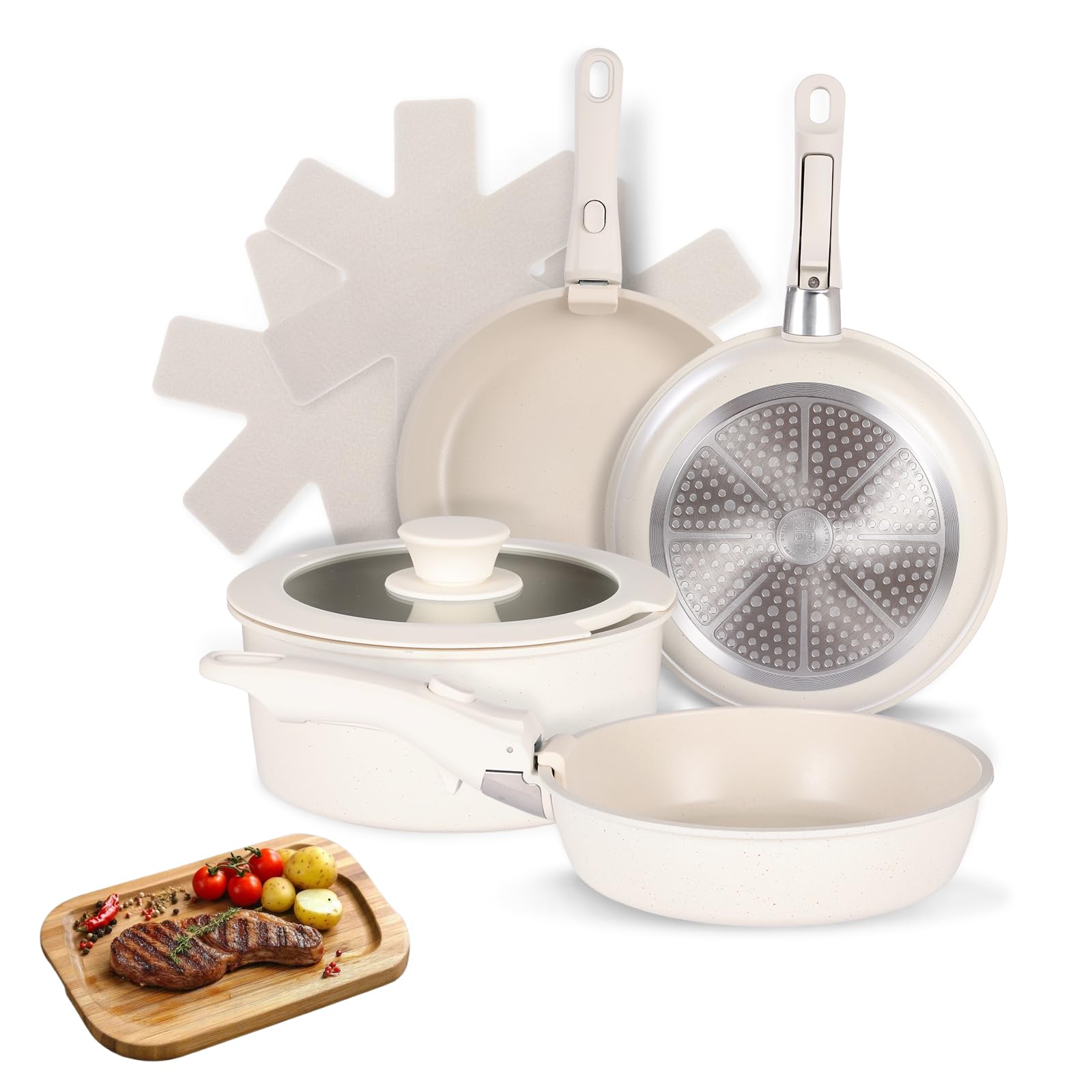 Juego de 5 Ollas y Sartenes Antiadherentes de Inducción, Batería de Cocina con Mango Desmontable, Juego de Utensilios de Cocina de Inducción de Color Blanco, con Sartenes y Cacerolas