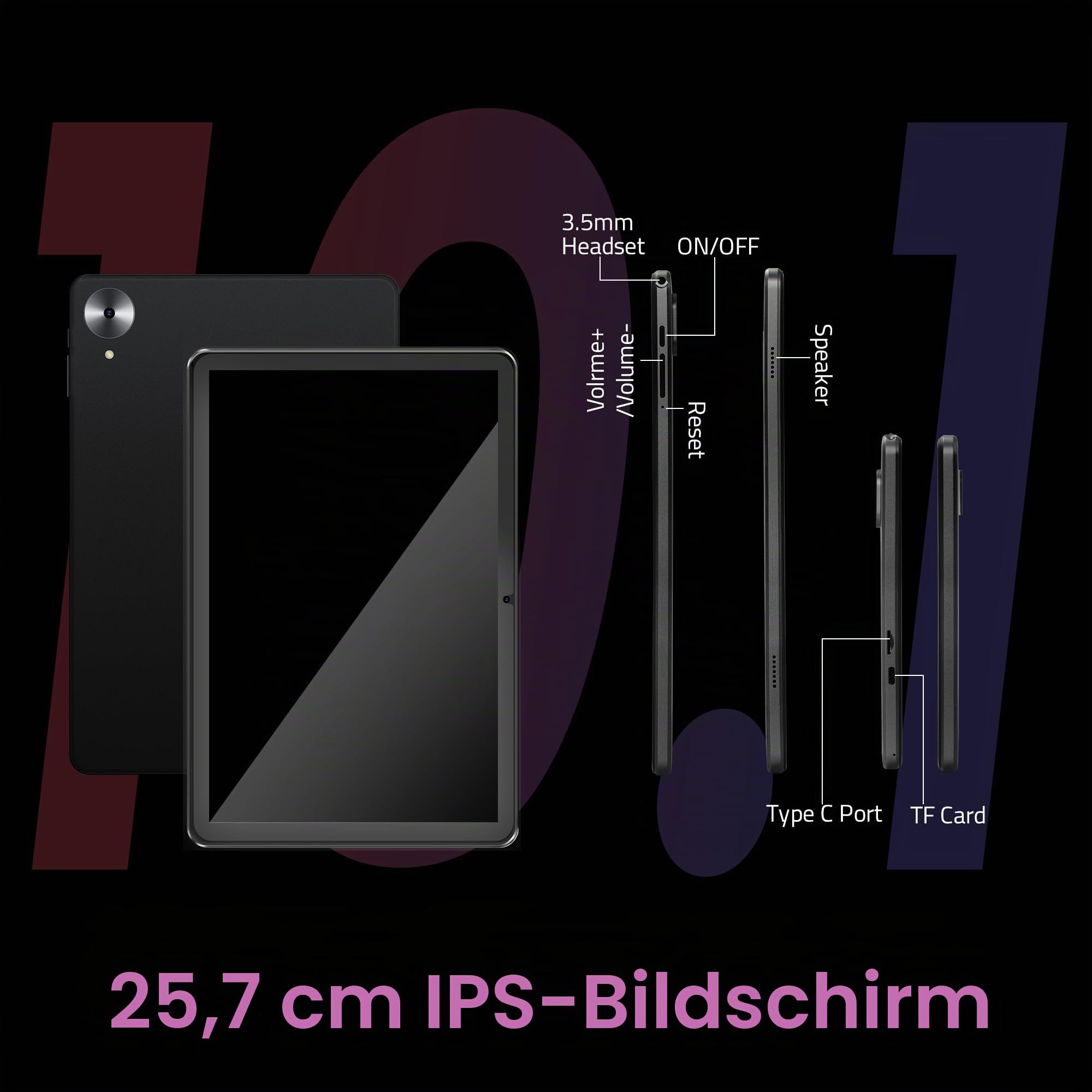 Android-Tablet, 10,1 Zoll, Android 15, 18 GB (6+12) RAM, 128 GB ROM, 1280 x 800 IPS-HD-Touchscreen, 6000-mAh-Akku, Bluetooth, Dual-Kamera, GMS, WLAN (Schwarz)