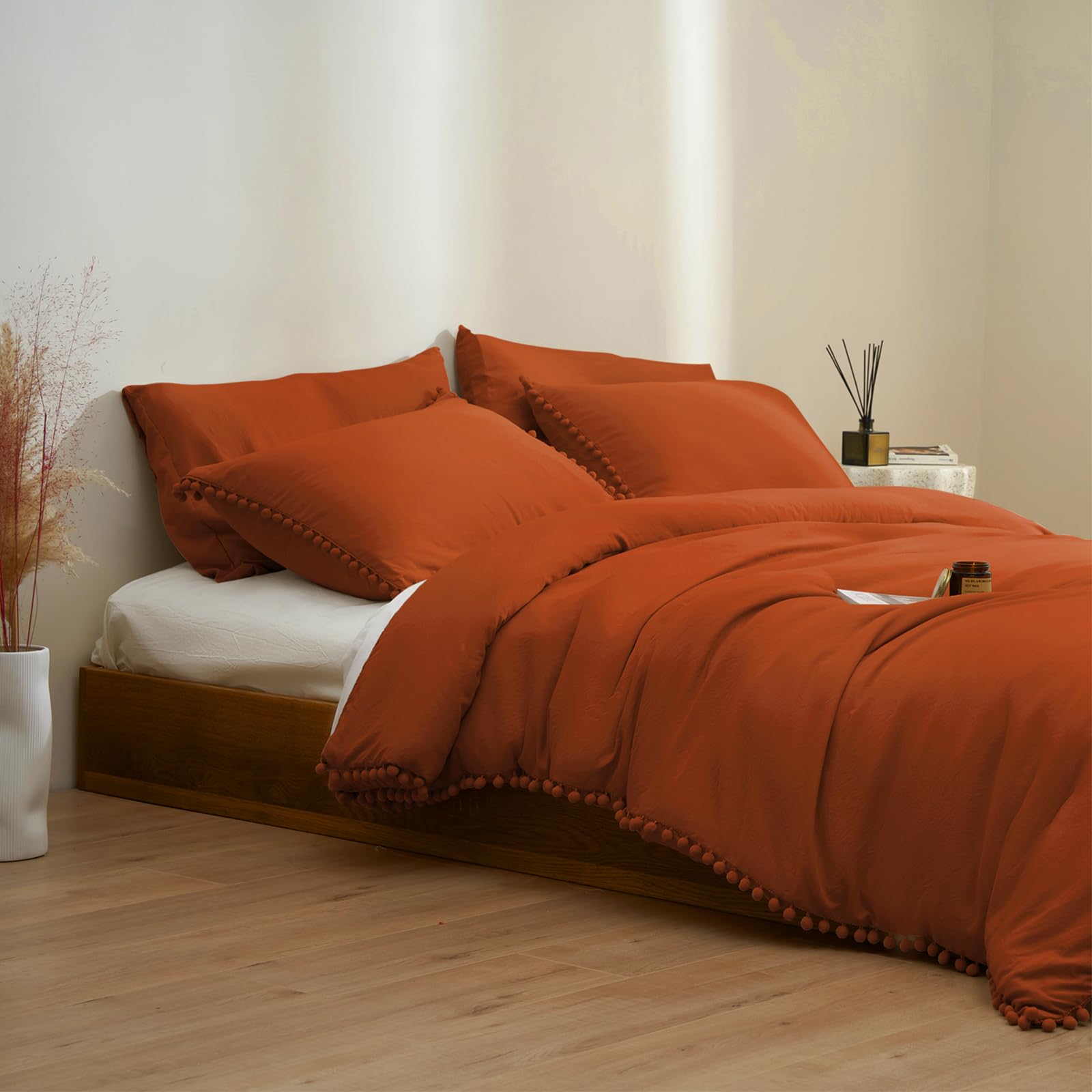 MUKKA Queen Comforter Set 5-Piece Queen Size Terracotta, Boho Pom Pom Fringe Comforter Burnt Orange, Soft Microfiber Bedding Comforter Set Rust with 2